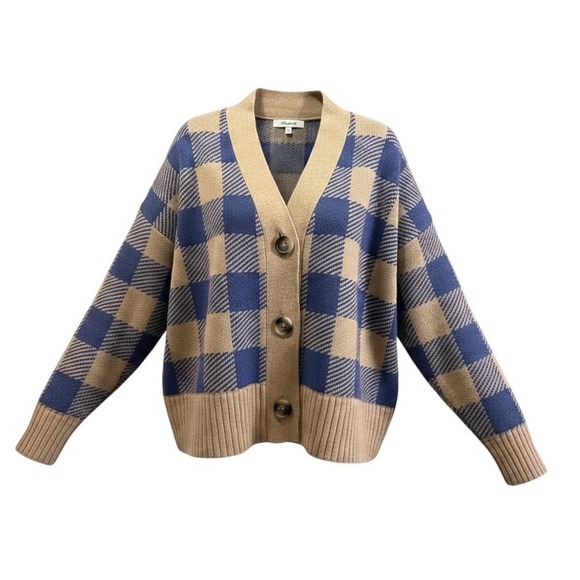 Madewell Sweaters - Madewell Women Blue Tan Buffalo Check Plaid V-Neck Button Cardigan Sweater Small